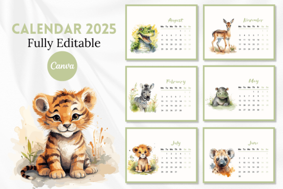 Editable Calendar 2025 Canva Template: Cute Animals Design